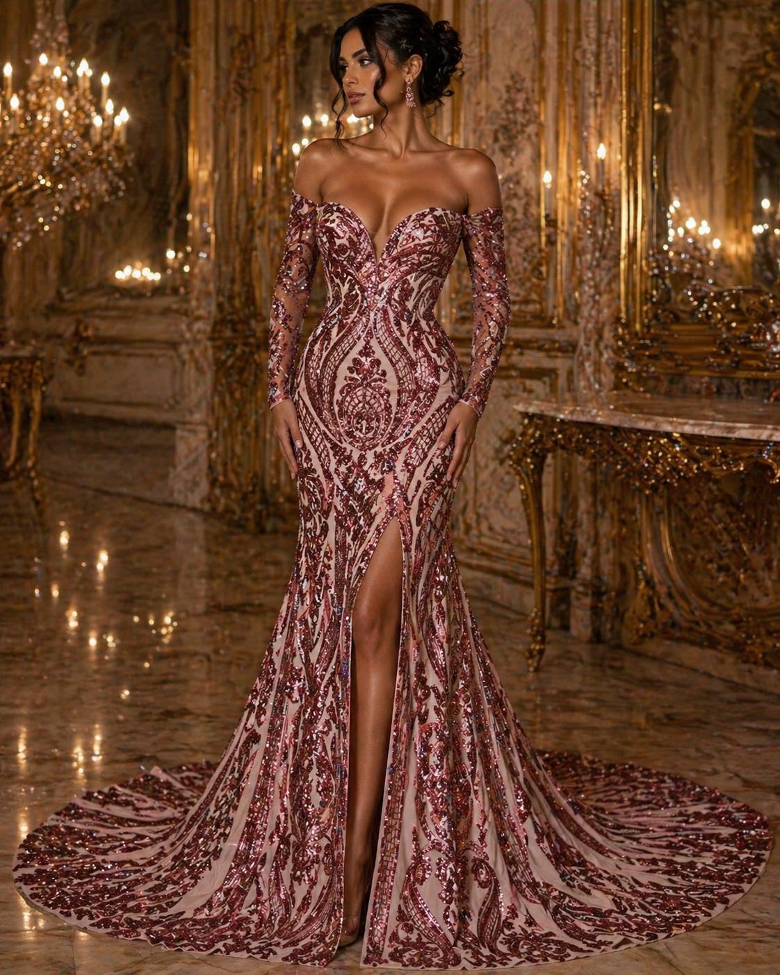 Dusty Rose - Marvelous Luxury Shiny Sequin 4-Way Stretch Mesh Fabric – Prom & Evening Dress Material By The Yard.