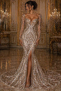 Champagne - Marvelous Luxury Shiny Sequin 4-Way Stretch Mesh Fabric – Prom & Evening Dress Material By The Yard.