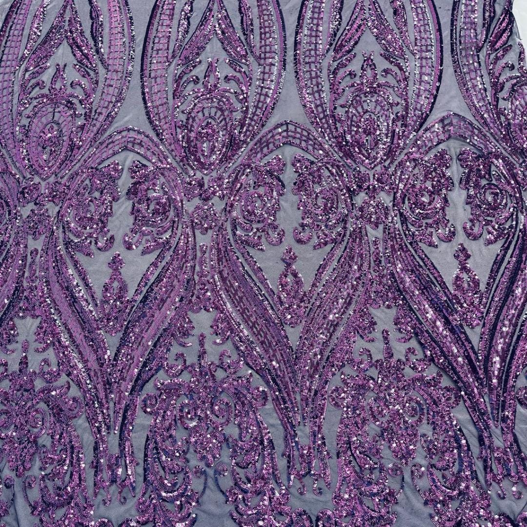 Purple - Marvelous Luxury Shiny Sequin 4-Way Stretch Mesh Fabric – Prom & Evening Dress Material By The Yard.