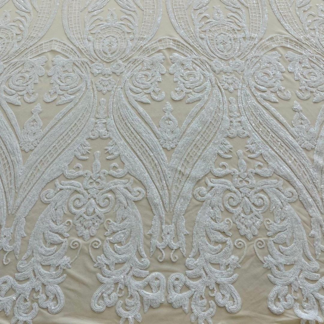 White/Nude - Marvelous Luxury Shiny Sequin 4-Way Stretch Mesh Fabric – Prom & Evening Dress Material By The Yard.