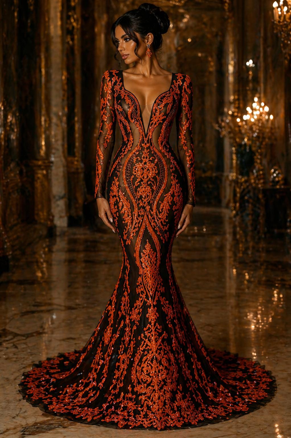 Neon Orange Iridescent - Marvelous Luxury Shiny Sequin 4-Way Stretch Mesh Fabric – Prom & Evening Dress Material By The Yard.