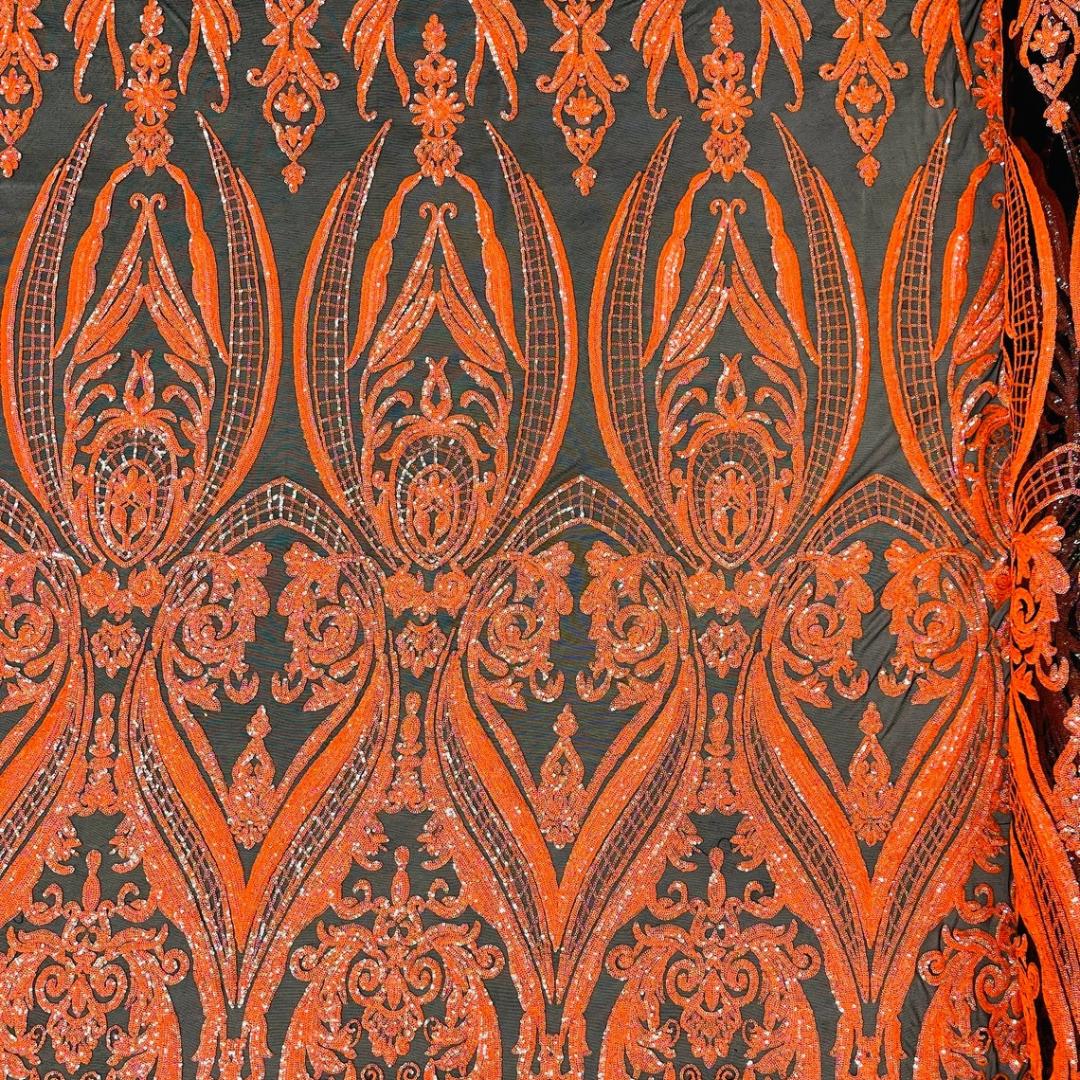 Neon Orange Iridescent - Marvelous Luxury Shiny Sequin 4-Way Stretch Mesh Fabric – Prom & Evening Dress Material By The Yard.