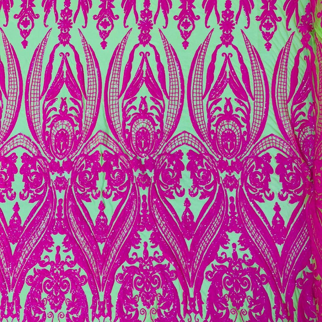 Hot Pink/Neon Green - Marvelous Luxury Shiny Sequin 4-Way Stretch Mesh Fabric – Prom & Evening Dress Material By The Yard.