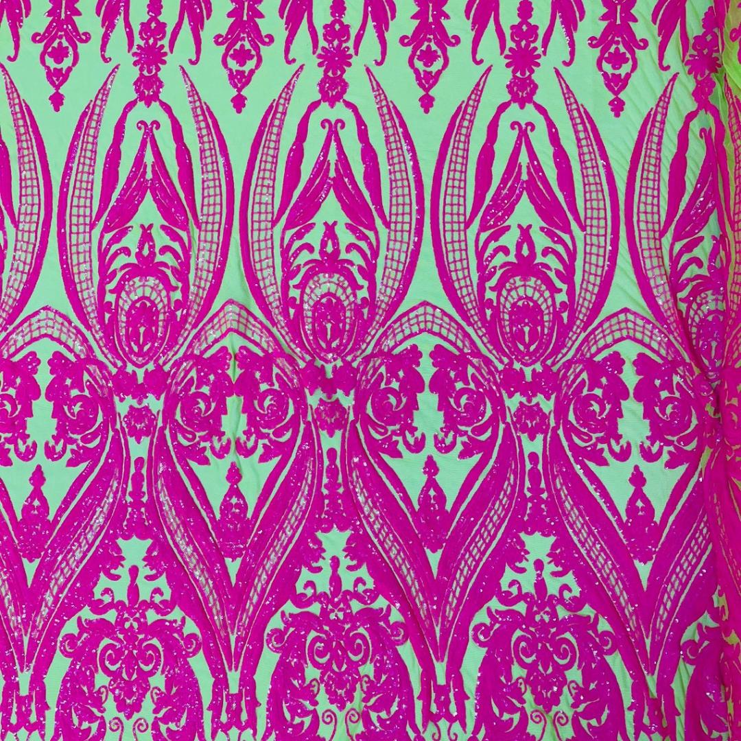 Hot Pink/Neon Green - Marvelous Luxury Shiny Sequin 4-Way Stretch Mesh Fabric – Prom & Evening Dress Material By The Yard.