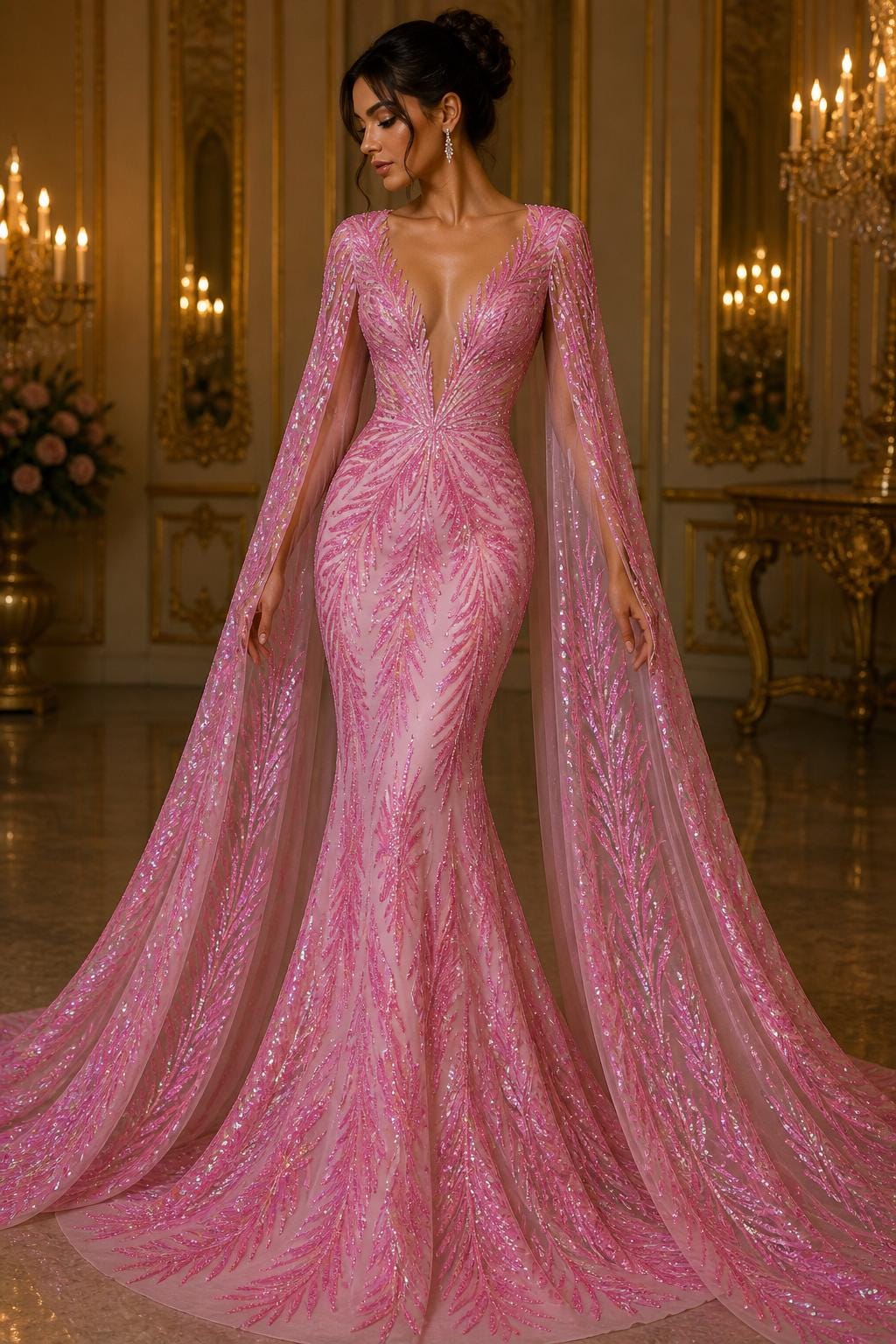 Feather Illusion Iridescent Luxury Shiny Sequin - PINK - 4 Way Stretch Mesh Fabric – Prom & Evening Dress Material By The Yard.