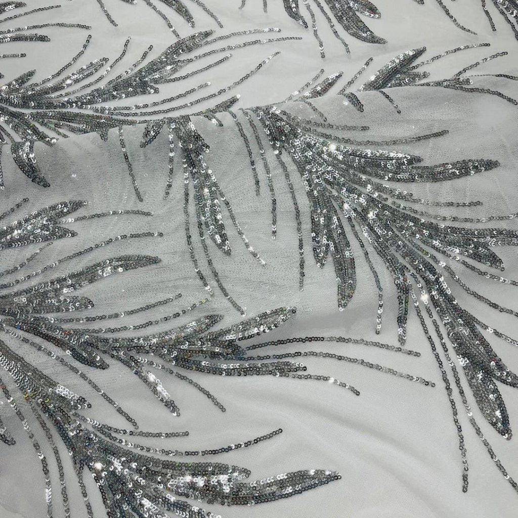 Feather Illusion Luxury Shiny Sequin - SILVER- 4 Way Stretch Mesh Fabric – Prom & Evening Dress Material By The Yard.