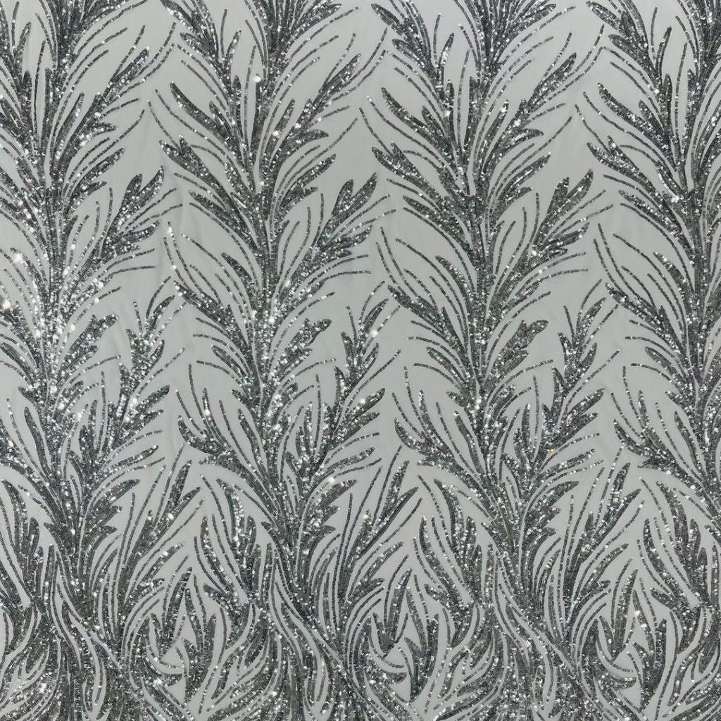 Feather Illusion Luxury Shiny Sequin - SILVER- 4 Way Stretch Mesh Fabric – Prom & Evening Dress Material By The Yard.