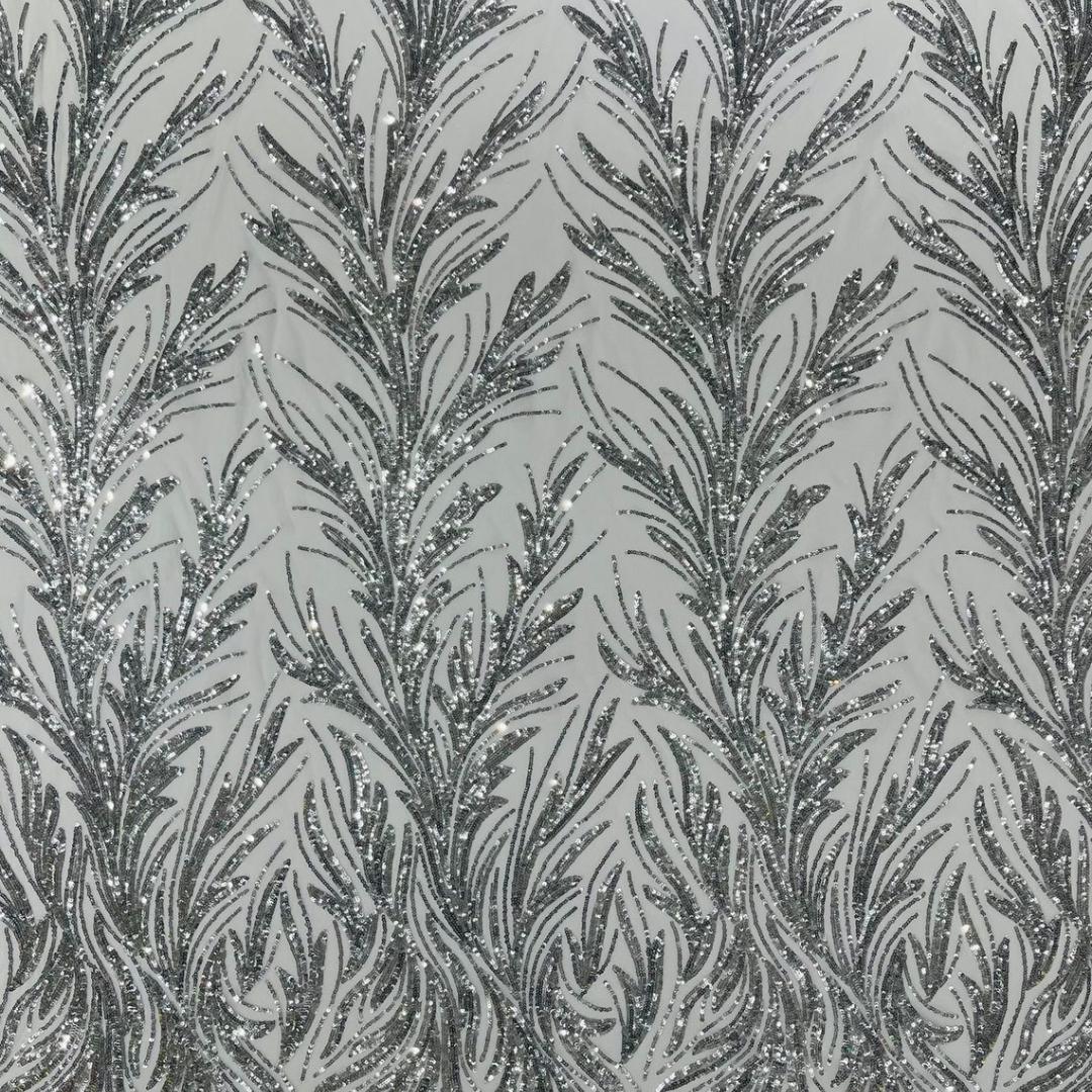 Feather Illusion Luxury Shiny Sequin - SILVER- 4 Way Stretch Mesh Fabric – Prom & Evening Dress Material By The Yard.