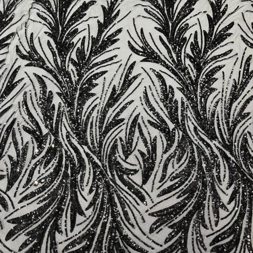 Feather Illusion Luxury Shiny Sequin - BLACK - 4 Way Stretch Mesh Fabric – Prom & Evening Dress Material By The Yard.