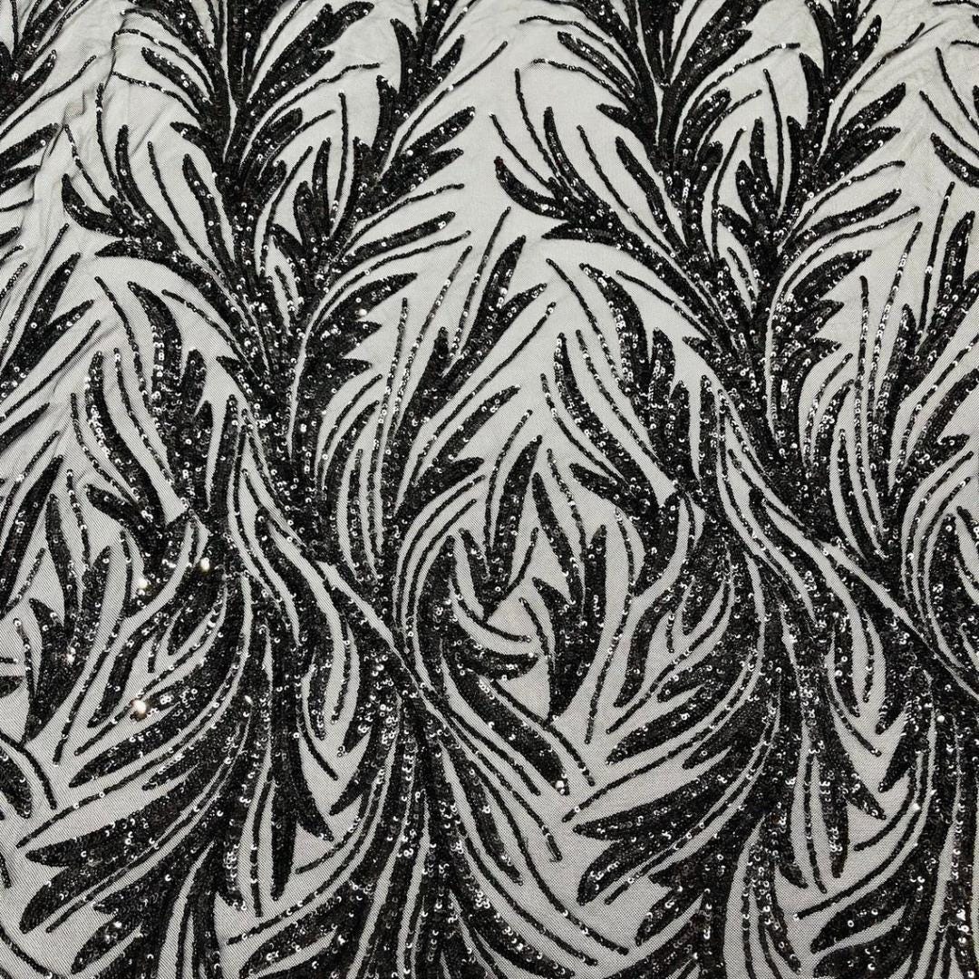 Feather Illusion Luxury Shiny Sequin - BLACK - 4 Way Stretch Mesh Fabric – Prom & Evening Dress Material By The Yard.