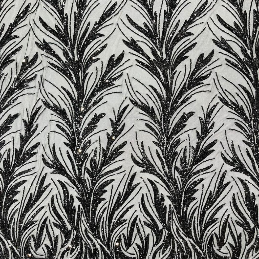 Feather Illusion Luxury Shiny Sequin - BLACK - 4 Way Stretch Mesh Fabric – Prom & Evening Dress Material By The Yard.
