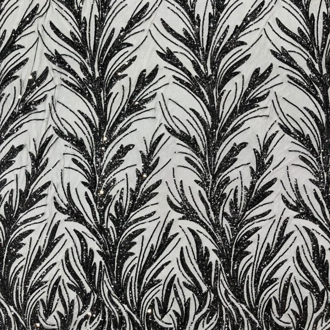 Feather Illusion Luxury Shiny Sequin - BLACK - 4 Way Stretch Mesh Fabric – Prom & Evening Dress Material By The Yard.