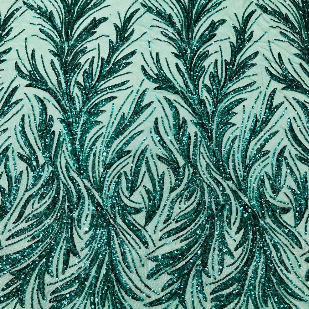 Feather Illusion Luxury Shiny Sequin - EMERALD - 4 Way Stretch Mesh Fabric – Prom & Evening Dress Material By The Yard.