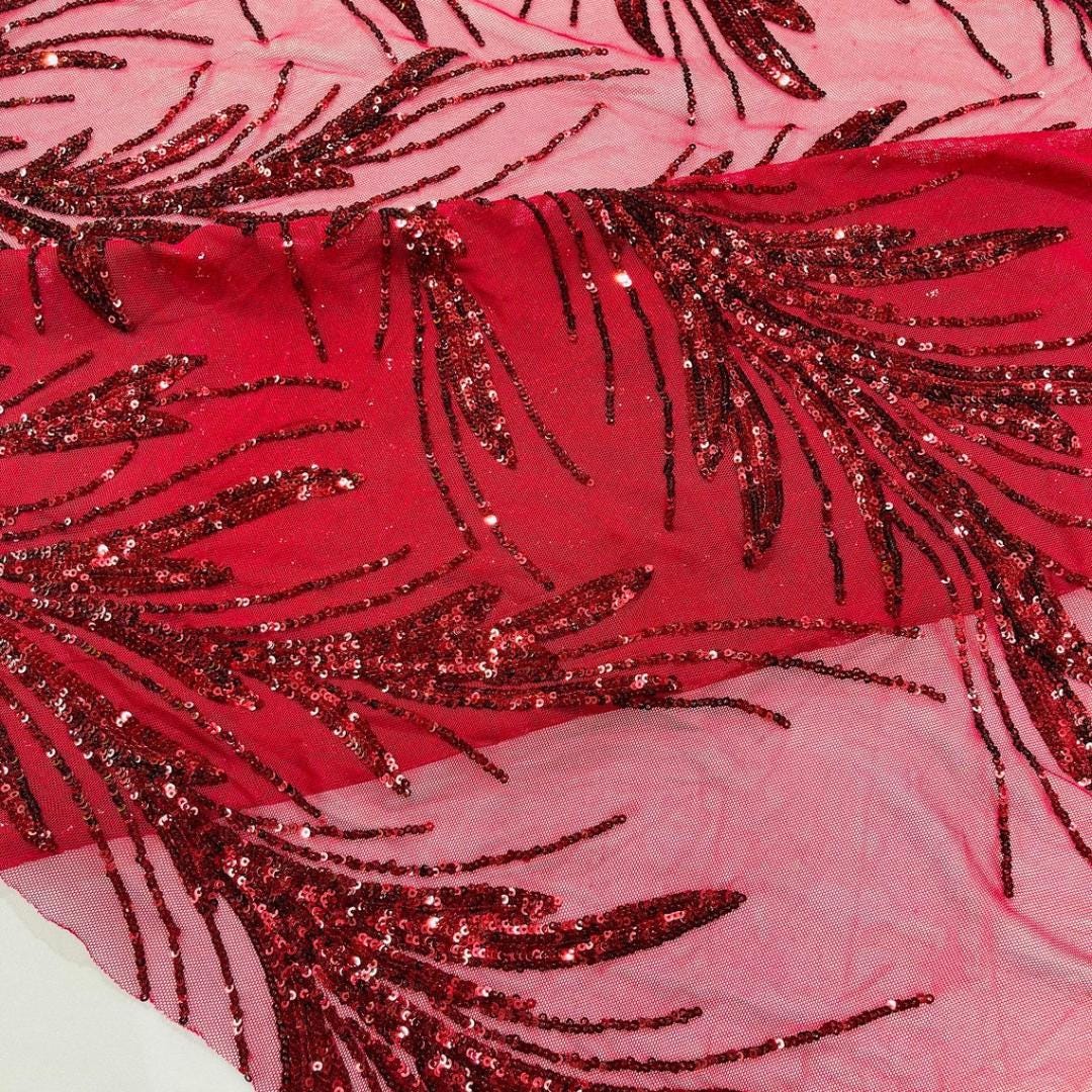 Feather Illusion Luxury Shiny Sequin - RED - 4 Way Stretch Mesh Fabric – Prom & Evening Dress Material By The Yard.