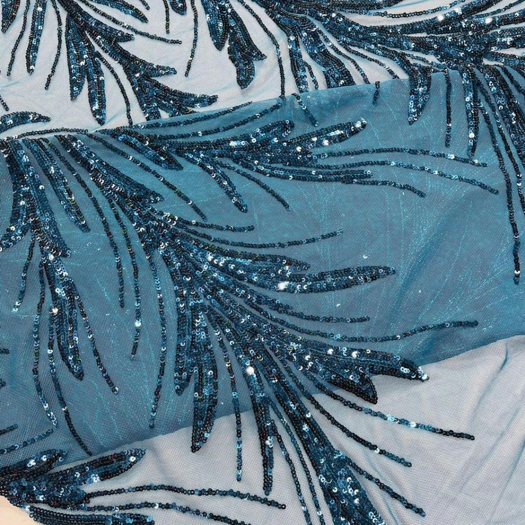 Feather Illusion Luxury Shiny Sequin - TEAL BLUE - 4 Way Stretch Mesh Fabric – Prom & Evening Dress Material By The Yard.
