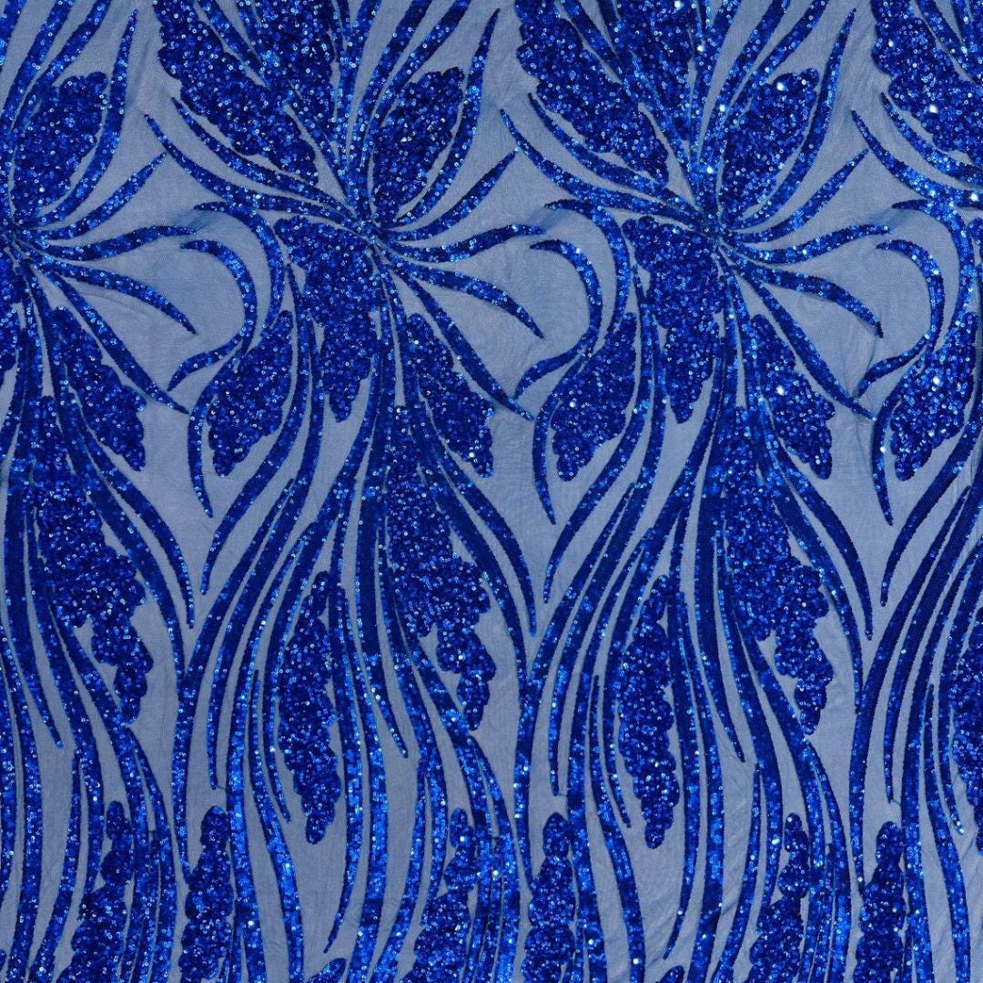 Royal Sapphire Sequin Embroidered Mesh Fabric – Luxury Blue Lace by the Yard – Couture Evening Dress, Prom & Bridal Fabric