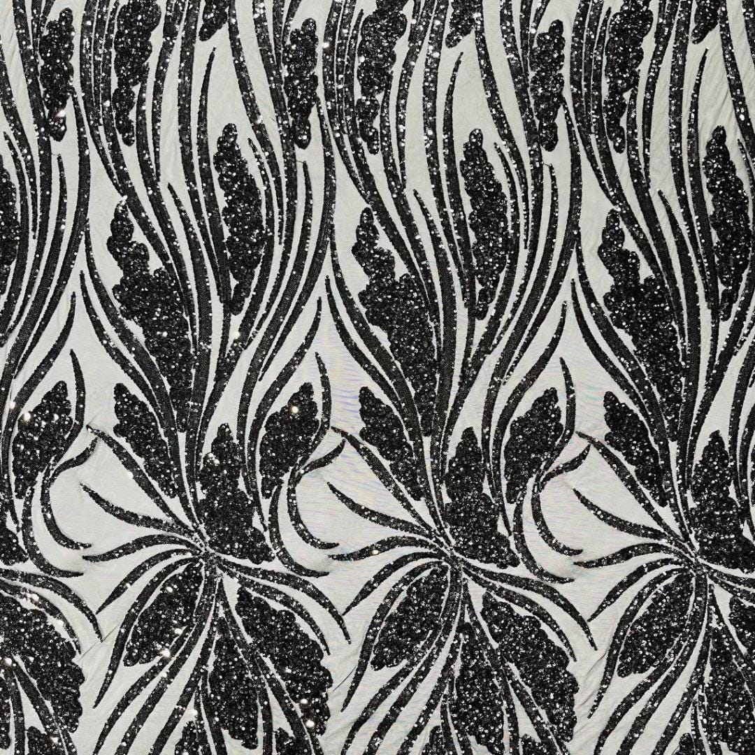 Black Sapphire Sequin Embroidered Mesh Fabric – Luxury Blue Lace by the Yard – Couture Evening Dress, Prom & Bridal Fabric