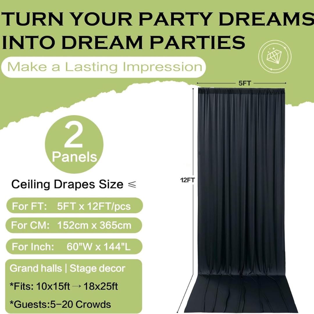 10Ft x 12Ft - BLACK - Wrinkle Free Backdrop Curtains for Parties  2 Panels 5x12ft Interlock Backdrop for Weddings Birthday Party Curtains