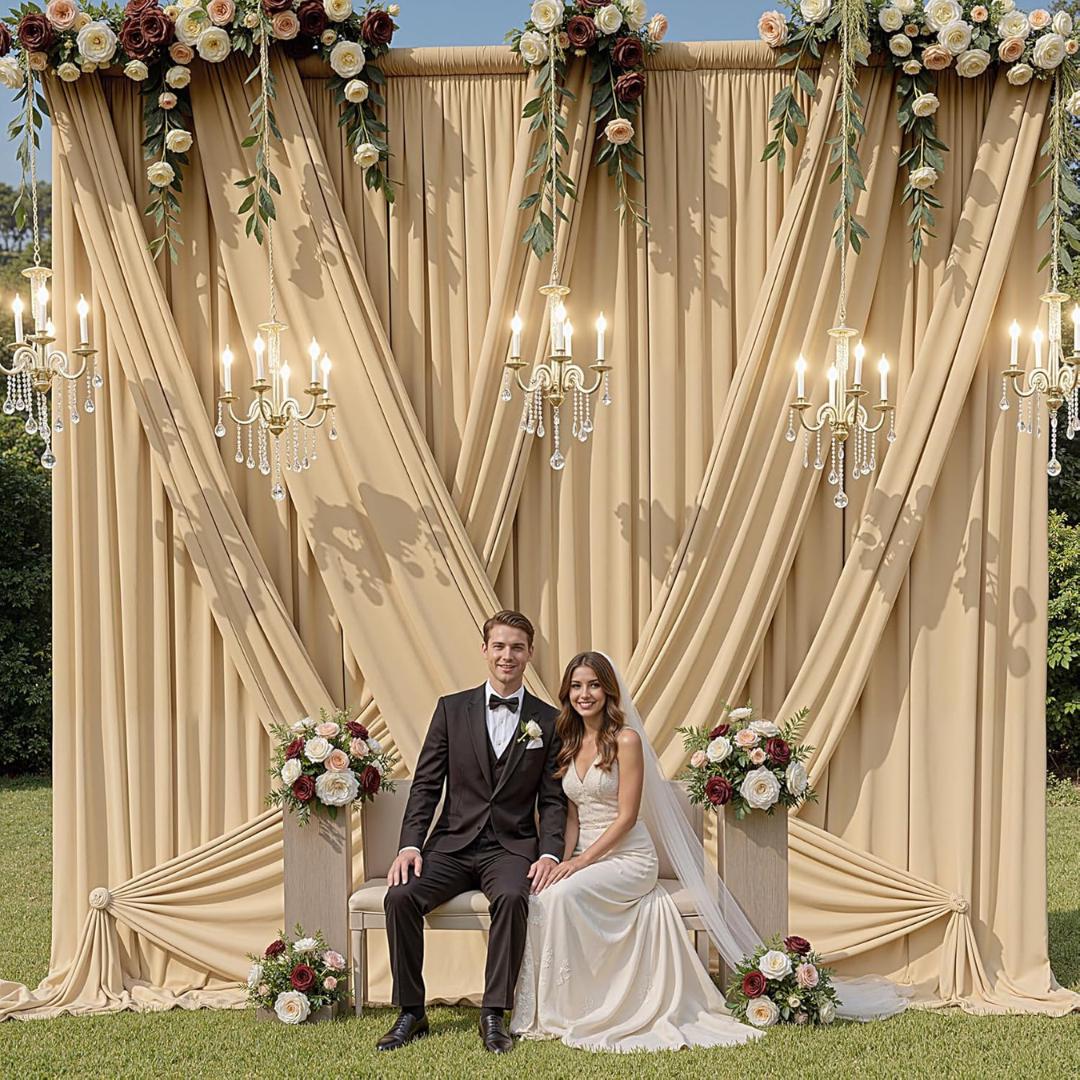 2 Panels - CHAMPAGNE - 5Ft x 16Ft Wrinkle Free Backdrop Curtains for Parties  Silky Interlock Backdrop for Weddings Birthday Party Curtains