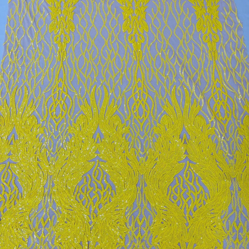 Wing Design Luxury Shiny Sequin - YELLOW - 4 Way Stretch Mesh Fabric – Prom & Evening Dress Material By The Yard.