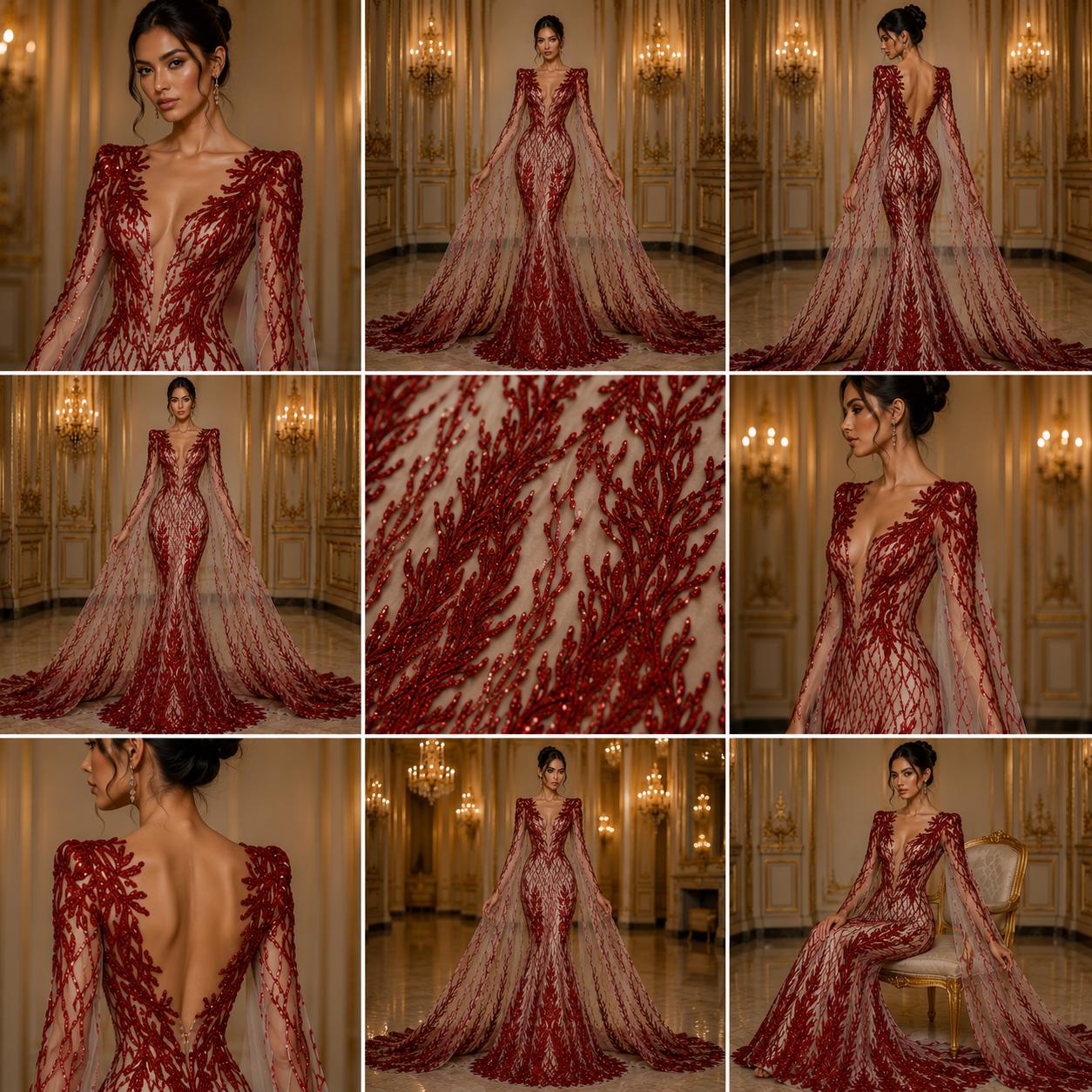 Wing Design Luxury Shiny Sequin - RED - 4 Way Stretch Mesh Fabric – Prom & Evening Dress Material By The Yard.