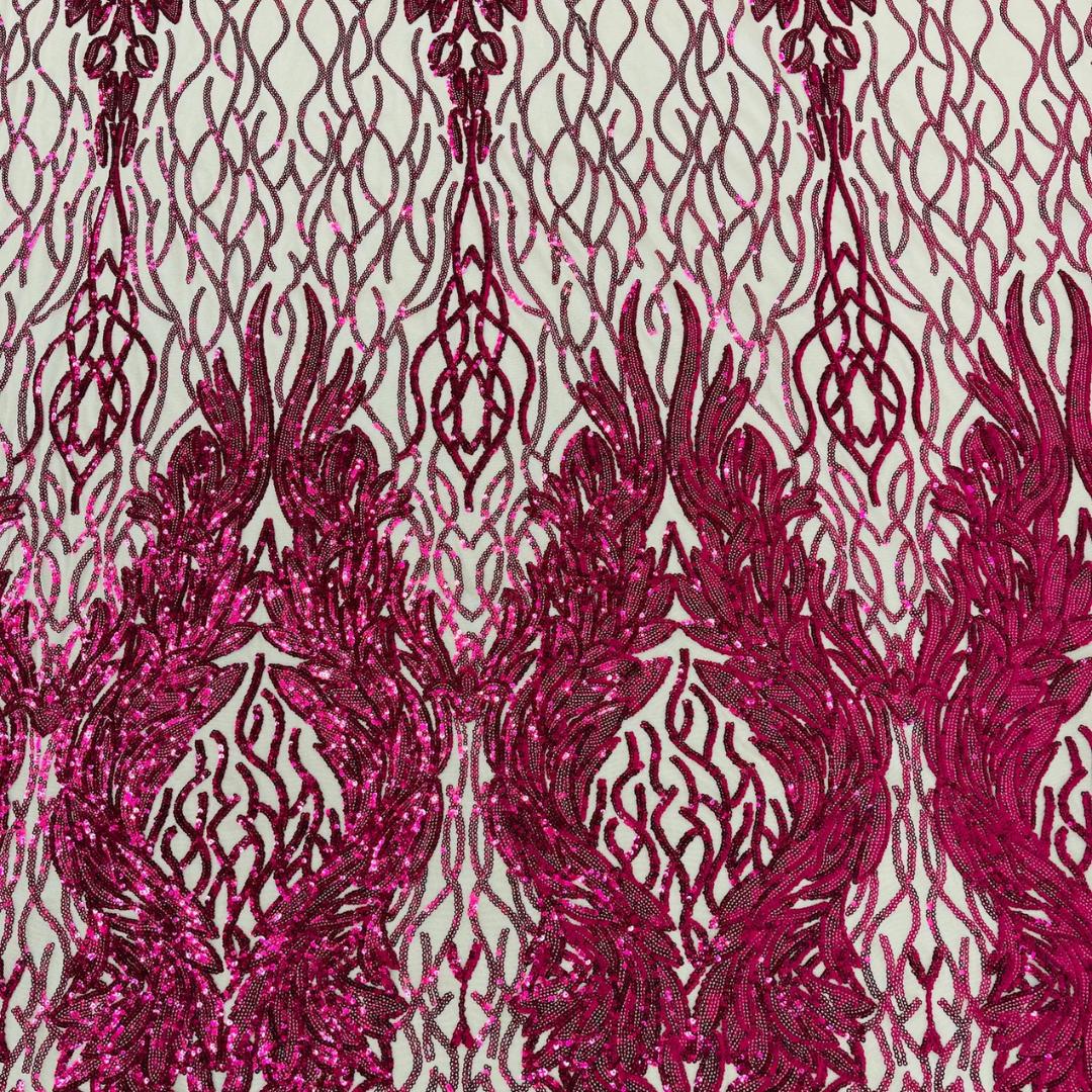 Wing Design Luxury Shiny Sequin - FUCHSIA/NUDE - 4 Way Stretch Mesh Fabric – Prom & Evening Dress Material By The Yard.