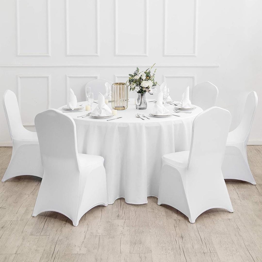 WHITE - 108" Round Polyester Poplin Washable Tablecloth, Stain Wrinkle Resistant Table Cover - Fabric Table Cloth Dinning, Kitchen, Party