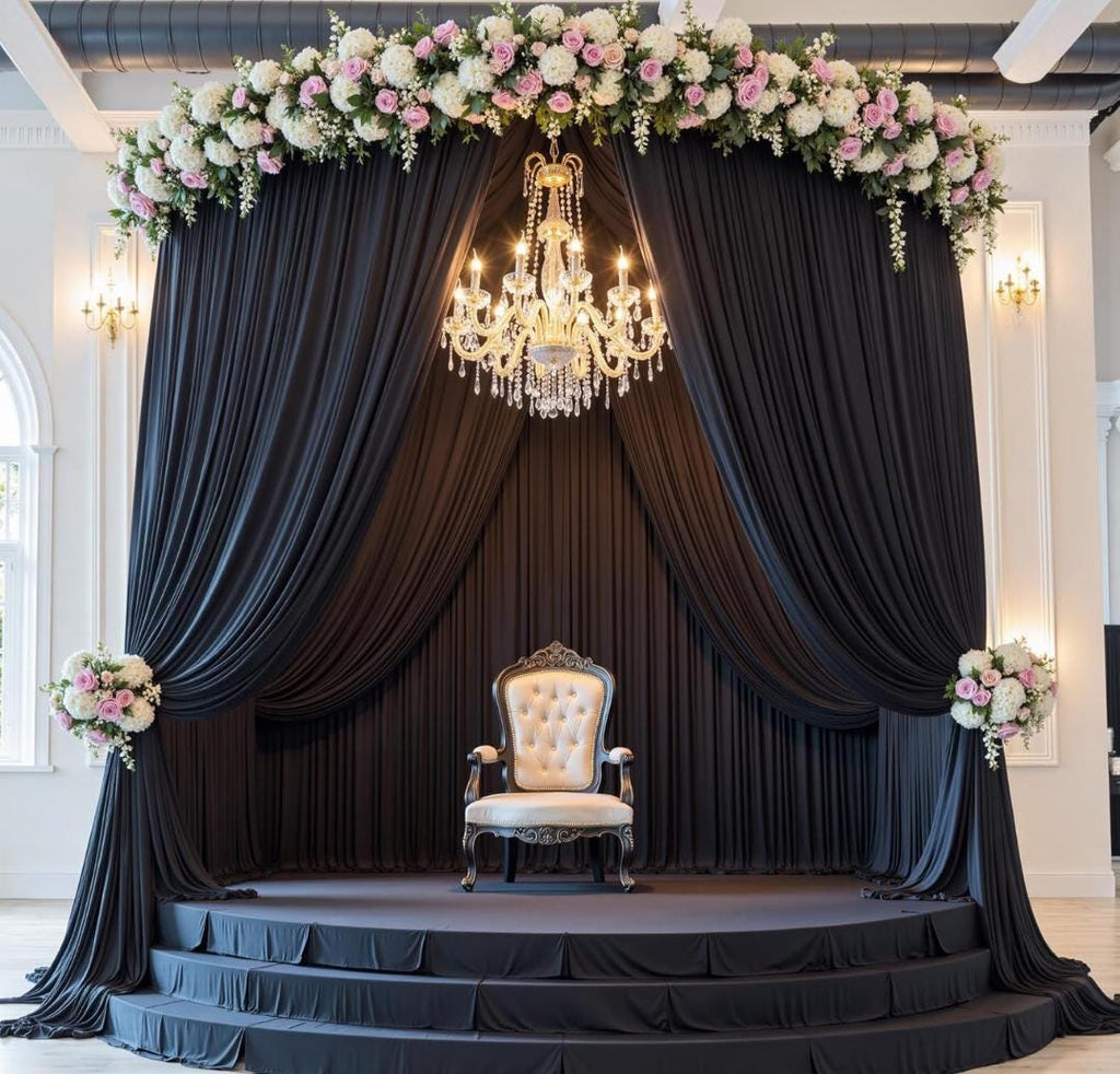 BLACK - Wrinkle Free Backdrop Curtains for Parties  - 10 Panels 5x12ft Silky Interlock Backdrop for Weddings Birthday Party Curtains