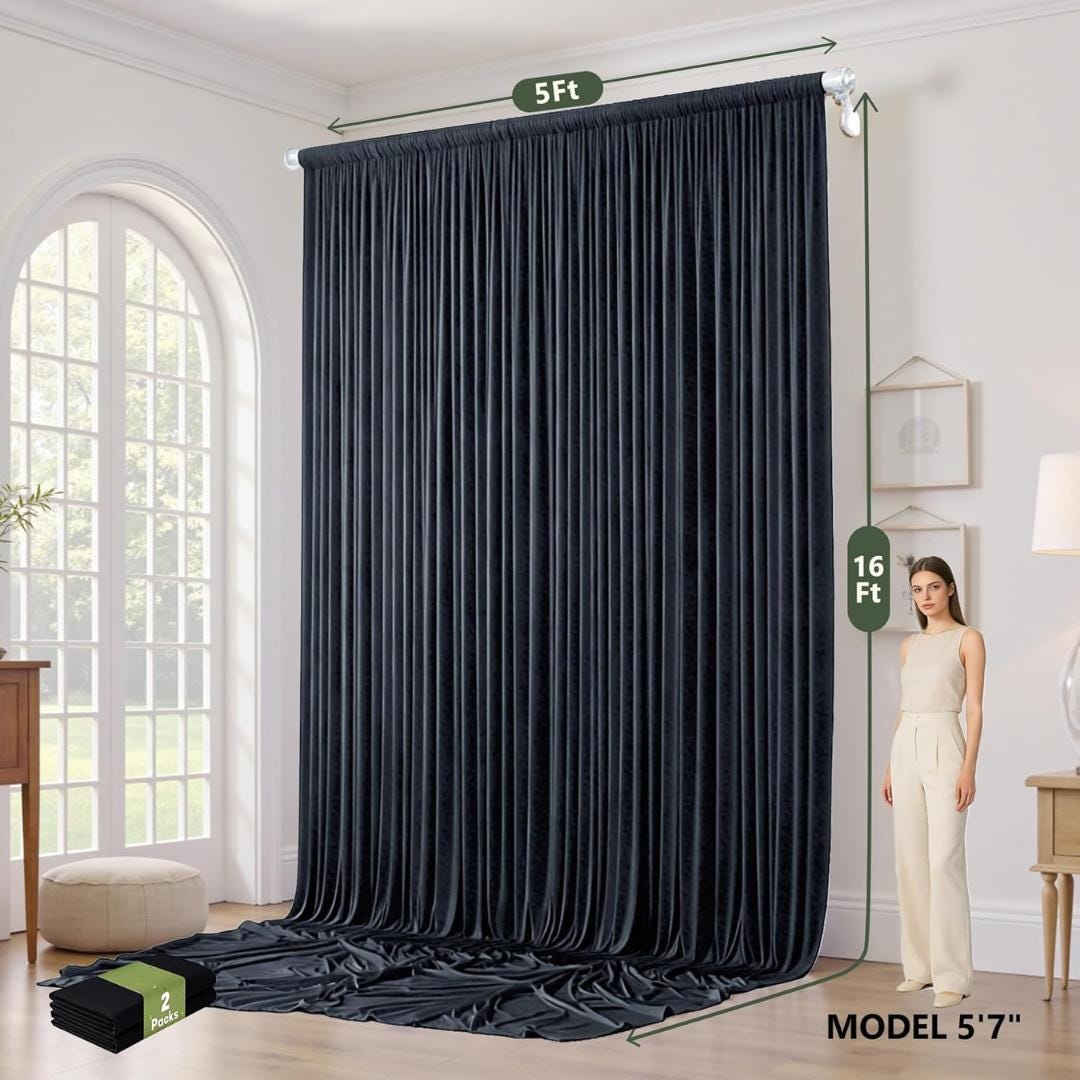 2 Panels - BLACK - 5Ft x 16Ft Wrinkle Free Backdrop Curtains for Parties  - Silky Interlock Backdrop for Weddings Birthday Party Curtains