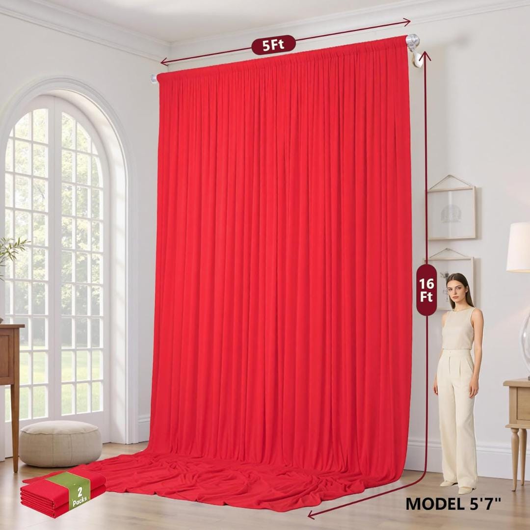 2 Panels - RED - 5Ft x 16Ft Wrinkle Free Backdrop Curtains for Parties  - Silky Interlock Backdrop for Weddings Birthday Party Curtains