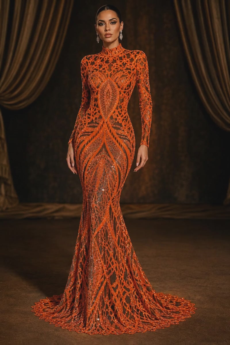 Neon Orange/Black - Marvelous Mermaid Luxury Shiny Sequin 4-Way Stretch Mesh Fabric – Prom & Evening Dress Material By The Yard.