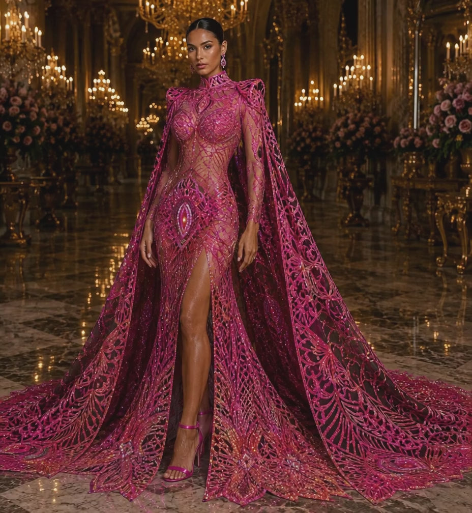 Fuchsia/Gold/Black - Marvelous Mermaid Luxury Shiny Sequin 4-Way Stretch Mesh Fabric – Prom & Evening Dress Material By The Yard.